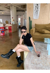 バックシースルービーズブラックラウンド半袖Tシャツ