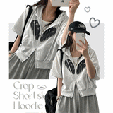 Reddit two-way crop short-sleeved hooded zip-up