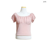 (3color) Dot Shirring Neck Off-Shoulder Puff Tee