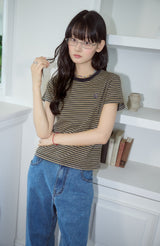 26SS★ Falling Cat Stripe Crop Short Sleeve Tee