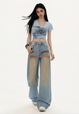 Light blue gradient blush washed straight leg floor-length jeans
