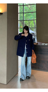 Renee Navy No Collar Round Half Coat