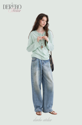 Mint Loose Stripe Long Sleeve T-shirt