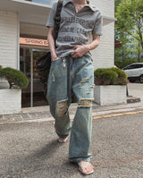 クダ ダメージ ワイド デニムパンツ