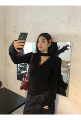 Choker V-neck Lace V-neck Long Sleeve T-shirt