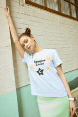 キャンパスラバーウィズスタークルーネックライトグレーウィメンズショートスリーブTシャツ [For women]