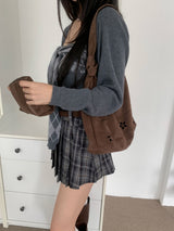 Brown Haze Flower Punching Suede Twist Shoulder Bag (Brown)