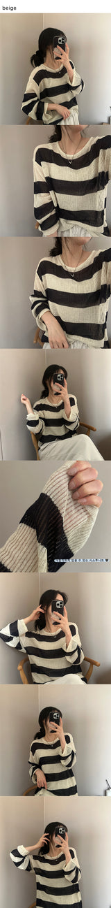  Big stripe see-through long sleeve knit T