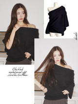 Chic black unbalanced off-shoulder knitwear