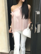 Lovie Unbal One-Shoulder Ribbon Chiffon Blouse