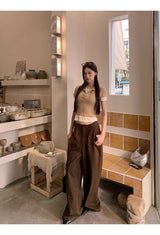 Hazelnut pintuck wide cotton casual pants