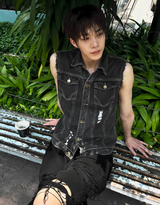Black Wash Distressed Denim Vest