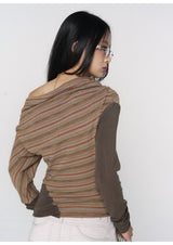 CONFUN Asymmetrical off-the-shoulder, laid-back and slimming base layer, striped knitted patchwork top