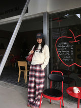 Cotton Check Casual Wide Pants