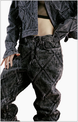 DIAMOND PATCH WASHING BLACK DENIM PANTS