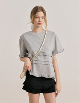 Pleated linen tweed low-rise skirt Black