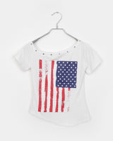 リチンアメリカンフラグスタッドリベットオフショルダー半袖Tシャツ