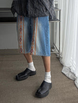 ASCLO Ethnic Embroidery Denim Bermuda Pants (2color)