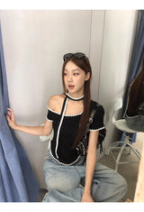 Black Stitch Unbalanced Off-Shoulder Strap Short Sleeve T-Shirt