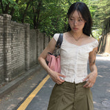 Liman lace button off-shoulder sleeveless blouse