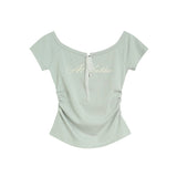 Lace Ribbon Shirred Off-Shoulder Tee 231837298