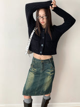 Raffel collar pocket ribbed cardigan