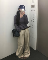 マロンUネックリブストライプTシャツ