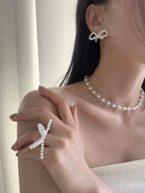 [92.5 silver] Pearl リボンピアス (2size)