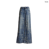 Rough Flower Embroidery Mid Wash Denim Pants