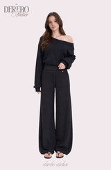 ワッフル アシンメトリカル オフショルダー スウェットパンツ セット (TOP+PANTS SET)