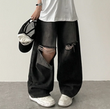 Andy Knee Damage Cutting Deep Washed Denim Wide Pants