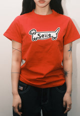 ドッグロゴスリムフィットアップリケTシャツ レッド
