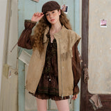 Camel Western Fringe Laser-Punched Suede Crop Vest