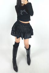 BASIC BOW-DETAIL SEMI-CROPPED STRETCH ROUND U-NECK LONG-SLEEVE TEE