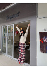 Cotton Check Casual Wide Pants