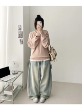 カウイング レザー パッチ ブイネック ルーズフィット ブイニット