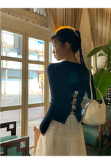 Back White Bow Long Sleeve Knit T-shirt
