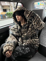 wool jacquard hooded jumper jacket