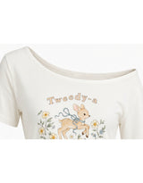 ダイアサマーヴィンテージグラフィックシャーリングワンショルダーTシャツ バター