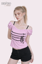 Rope Mint Shirring Off-Shoulder Short Sleeve T-Shirt