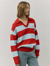WOOL BLENDED COLLAR STRIPE BOARDER KNIT RD+BL