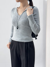 Ciar Collar V-Neck Slit Ribbed Long Sleeve Knit