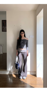 オフショルダーボウシャーリング長袖Tシャツ