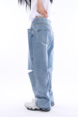Retro waist hook cut-out denim pants
