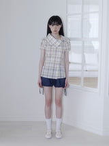 ドレープカラーブラウス (イエローチェック)