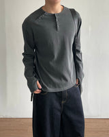 Double Washed Henley Neck Long Sleeve