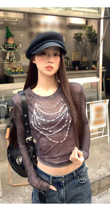 ビーズプリンテッドシースルーロングスリーブTシャツ