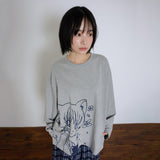 キャットガール & フラワー長袖Tシャツ - グレー