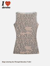 ベージュレタリングシースルーノースリーブTシャツ