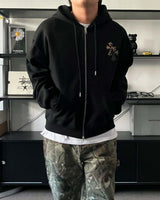 CN leopard patch hooded zip-up